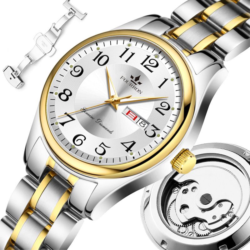 FOURRON Women's Watch Butterfly Clasp Transparent Hollow Double Calendar Luminous Waterproof Quartz Steel Band_voghion.com