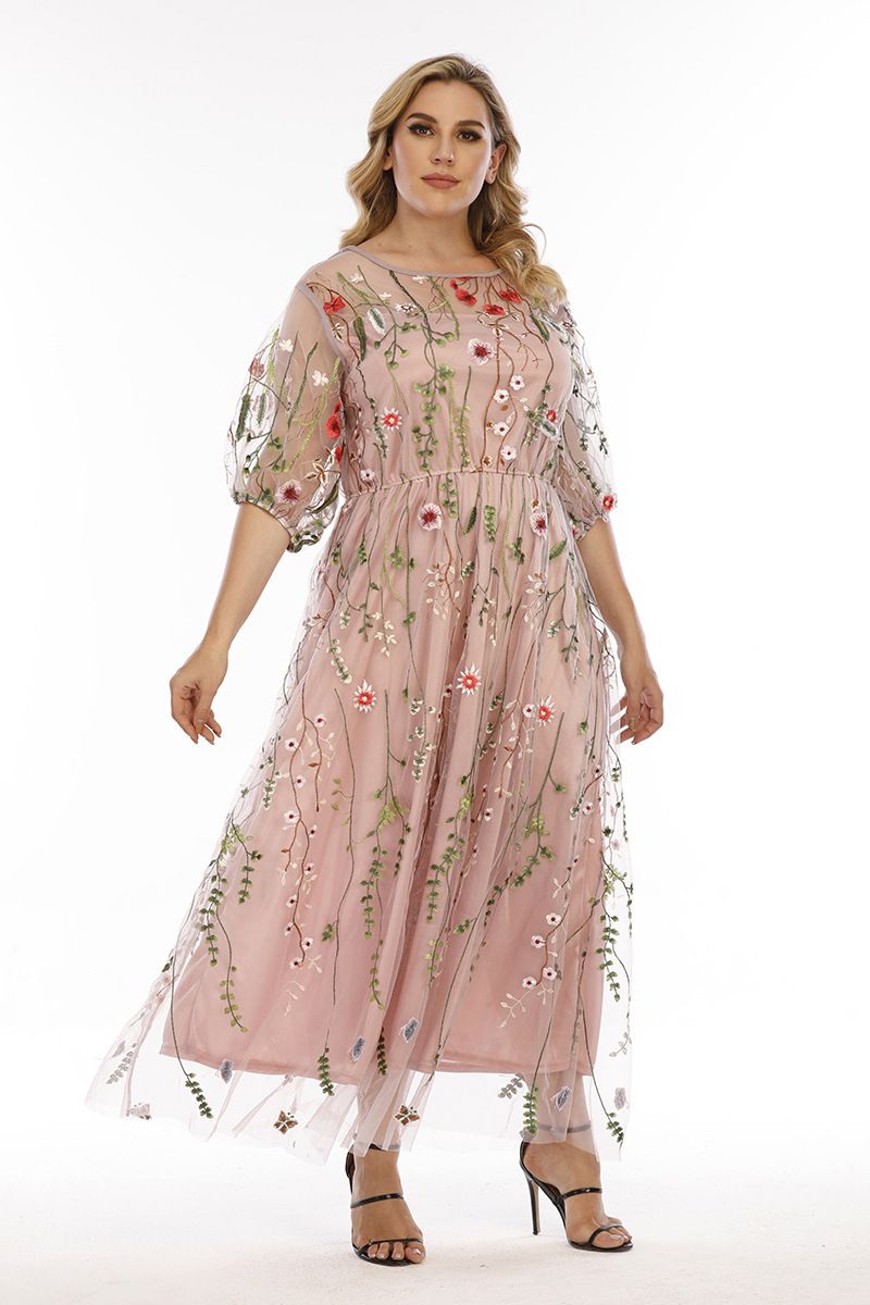 Sukienka damska plus size, wieczorowa, kobieca, haftowana siateczka, bankietowa, imprezowa, midi_voghion.com
