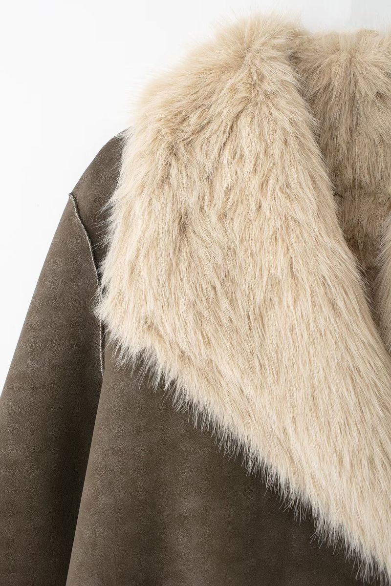 Cappotto lungo reversibile con collo in pelliccia sintetica - Giacca invernale double-face da donna, capospalla street style, marrone, XS/S/M/L_voghion.com
