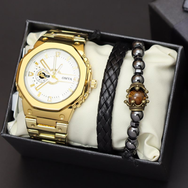 Geschenkbox Uhrenset Herren Quarz Wasserdicht Kalender Uhr Armband Stahlband_voghion.com
