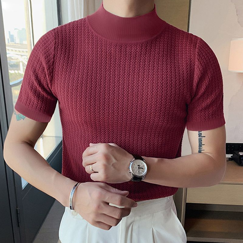 2024 sommer Neue Casual Einfache Gestrickte Unten Hemd für männer Hohe Kragen Wasser Welle Einfarbig T-shirt_voghion.com