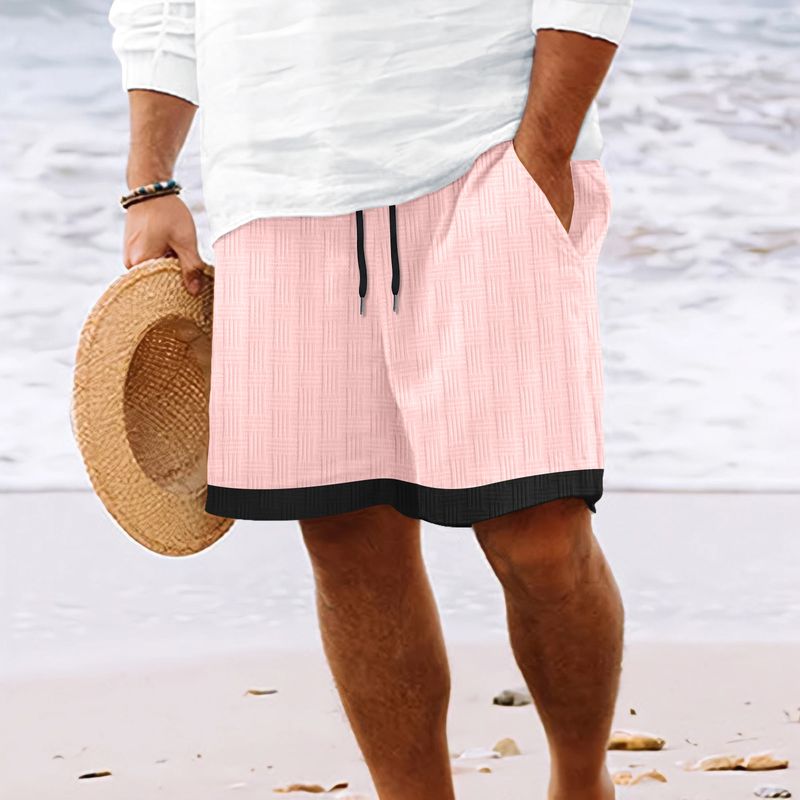 Pantaloncini casual da spiaggia traspiranti per tutti i giorni, da uomo, estivi, in jacquard con strisce a blocchi di colore, con coulisse in vita elastica_voghion.com