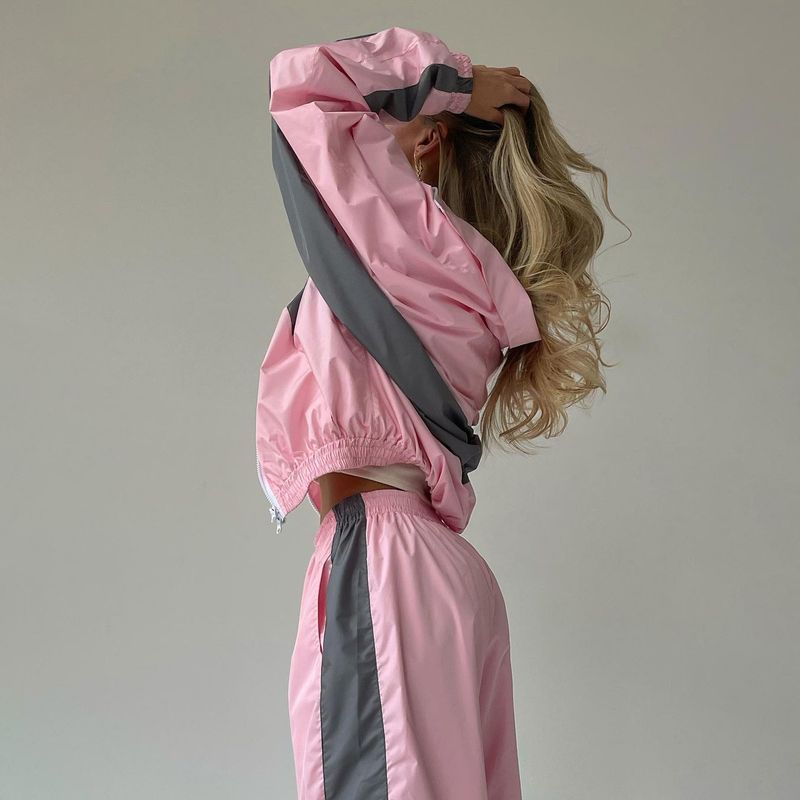 Women's Winter Sports Suit Zipper Color-Block Jacket Elastic Waist Floor-Length Pants Two-Piece Set Trendy Style_voghion.com