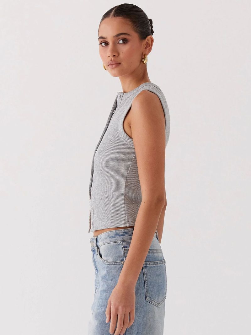 Damenbekleidung Sommer Y2K Slim Hot Girl Ärmellose Weste mit Rundhalsausschnitt und gerippten Knöpfen_voghion.com