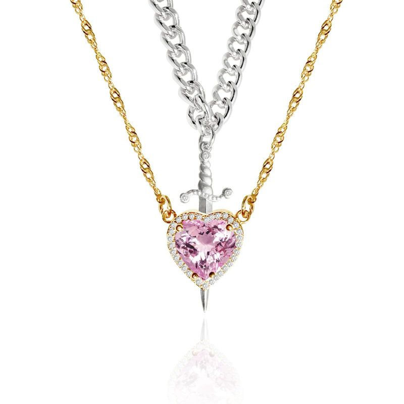 Collana e anello in acciaio inossidabile con cuore e spada, catena con onde d'acqua e zirconi, squisita idea regalo per San Valentino_voghion.com