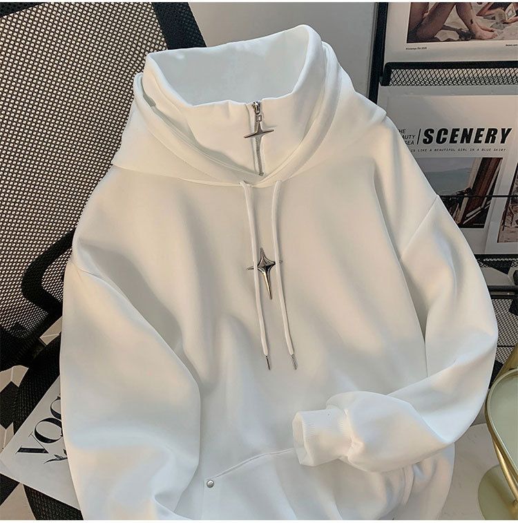 Herren-Kapuzenpullover mit hohem Kragen – Lässiges, übergroßes Sweatshirt im Streetwear-Vintage-Stil für Teenager und junge Erwachsene (Schwarz/Weiß)_voghion.com