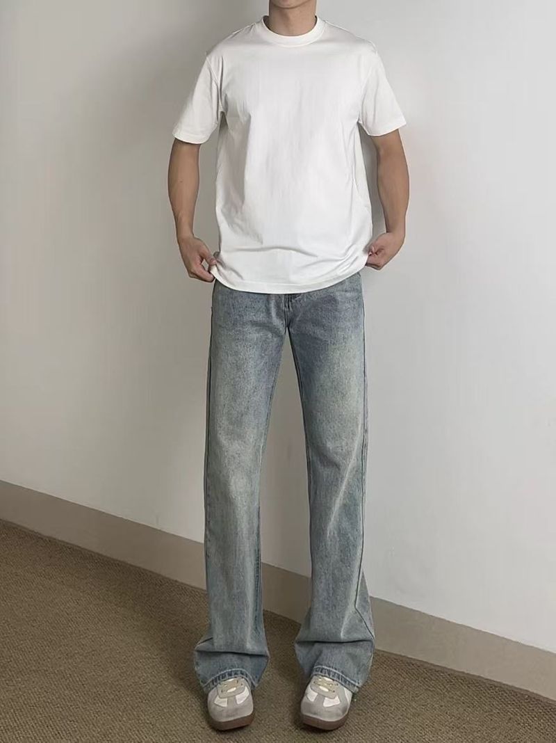 Hellblaue Vintage-Jeans für Herren, Retro-amerikanisches Straight-Leg mit dezentem Schlag, High-Street-Mode für Jugendliche, verwaschener Denim_voghion.com