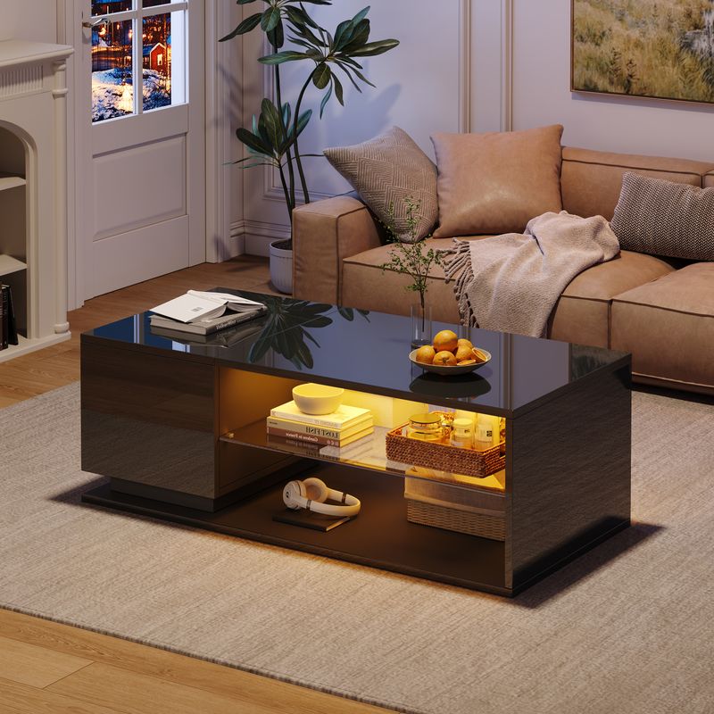 Table basse LED avec rangement, table de salon brillante avec bande lumineuse, 105 x 50 x 36 cm_voghion.com
