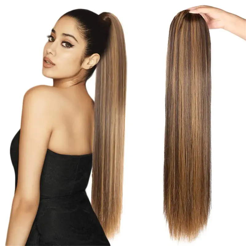 P4/27 Coda di cavallo liscia con coulisse, 100 g, 16-26 pollici, capelli umani brasiliani Remy, ciuffi spessi in extension per donne_voghion.com