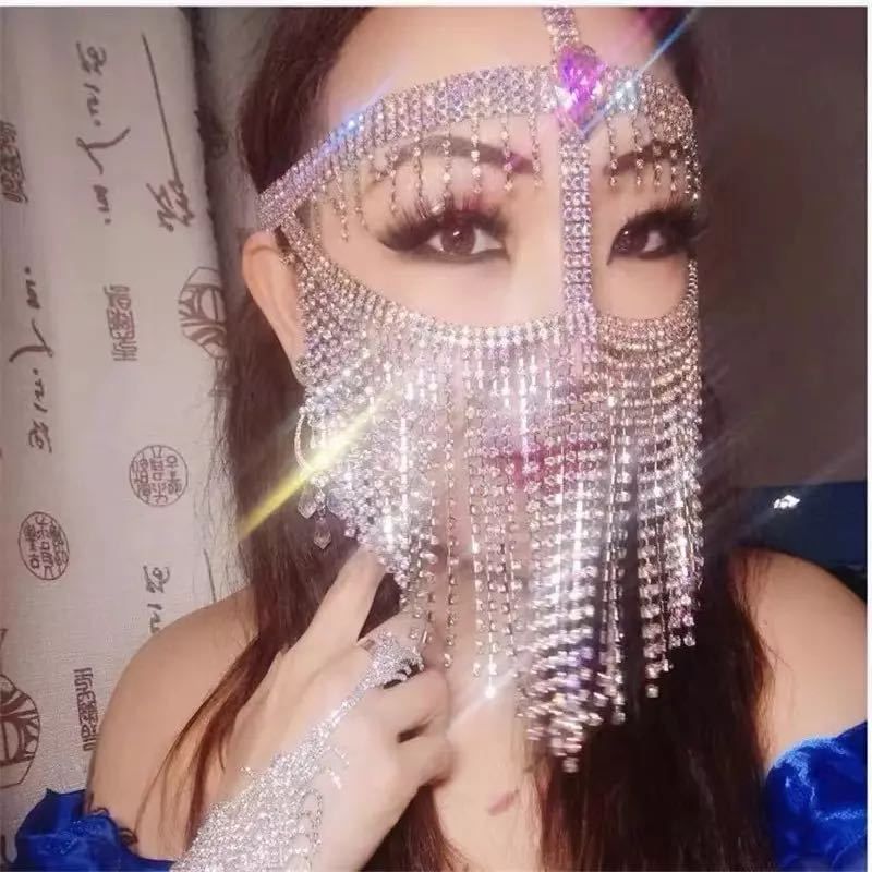Bauchschleier aus Metall mit Diamantkette, Bühnen- und Nachtclub-Maske für den indischen Tanz, Kopfbedeckung im Western-Stil, Gesichtsbedeckung für Frauen_voghion.com