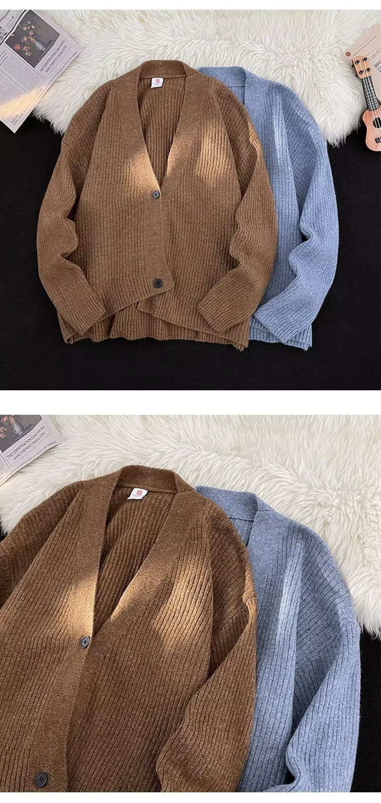 Herfst 2025 Nieuwe Cardigan Amerikaanse Casual Lazy Style V-hals Gebreide Trui Heren Effen Kleur Jas Trendy_voghion.com
