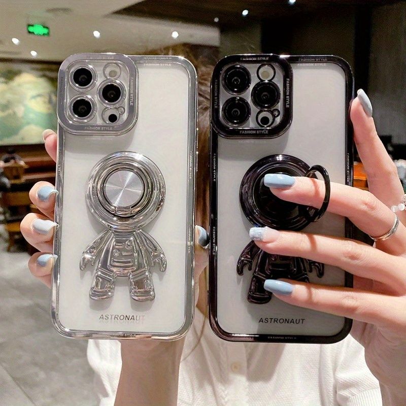 Hoogwaardige 3D Astronaut Design Plating Bescherming Telefoonhoesje met Ringbeugel TPU Valbestendige Hoes met Auto Magnetische Bevestiging voor 14/15_voghion.com