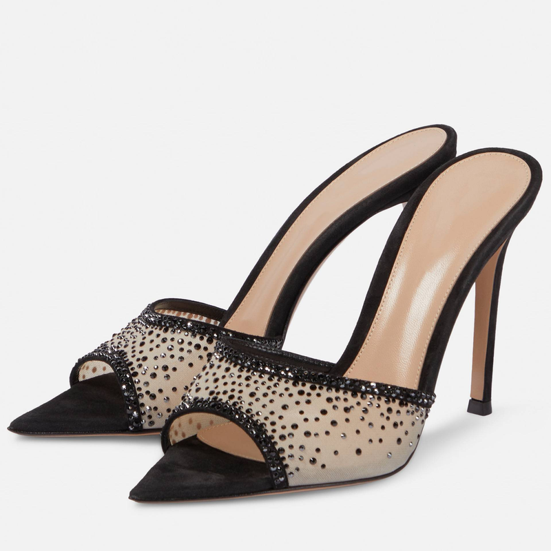 Ladies New Summer Pointed Toe Shallow Mesh Diamond High Heel Sandals_voghion.com