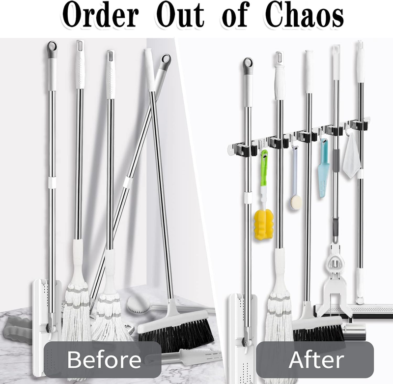 Stainless steel 5 shelves and 4 hooks mop and broom holder wall mounted_voghion.com