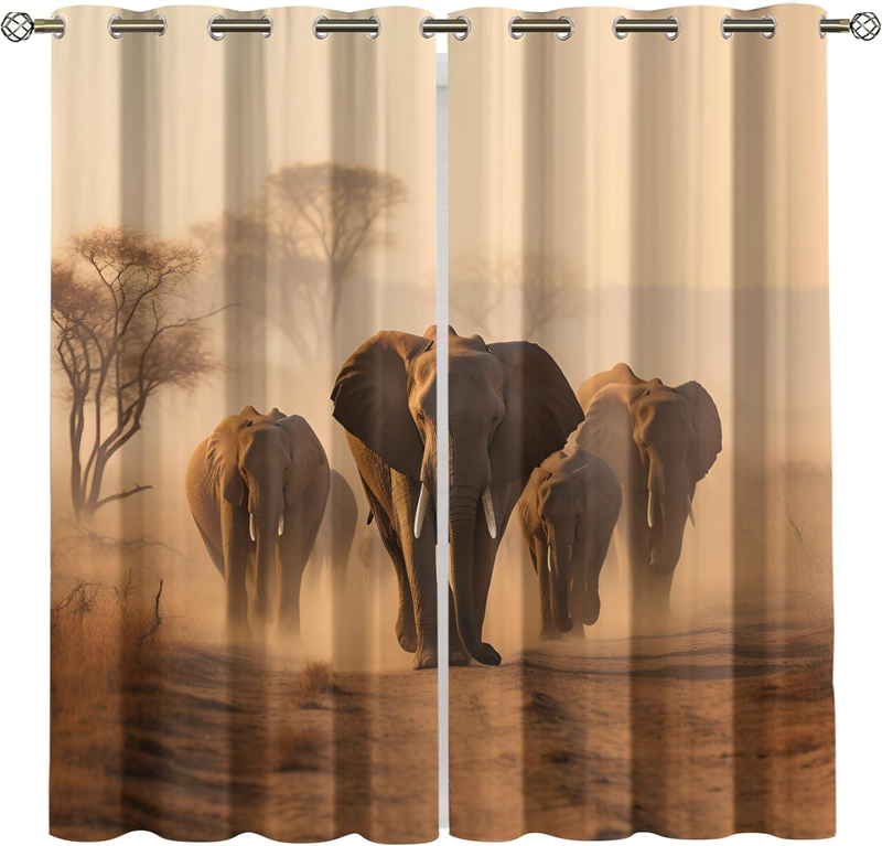 Tende oscuranti con motivo a elefanti africani, tende con motivi a tema foresta e migrazione della natura, tende oscuranti con isolamento termico per sala banchetti e teatro._voghion.com