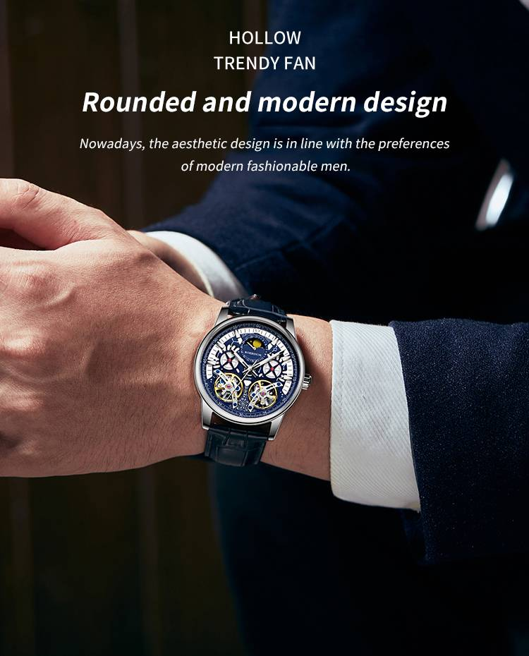ROERDUM Double Tourbillon Series Skeleton Blue Dial Leather Strap Trendy Fashion Men's Mechanical Watch_voghion.com