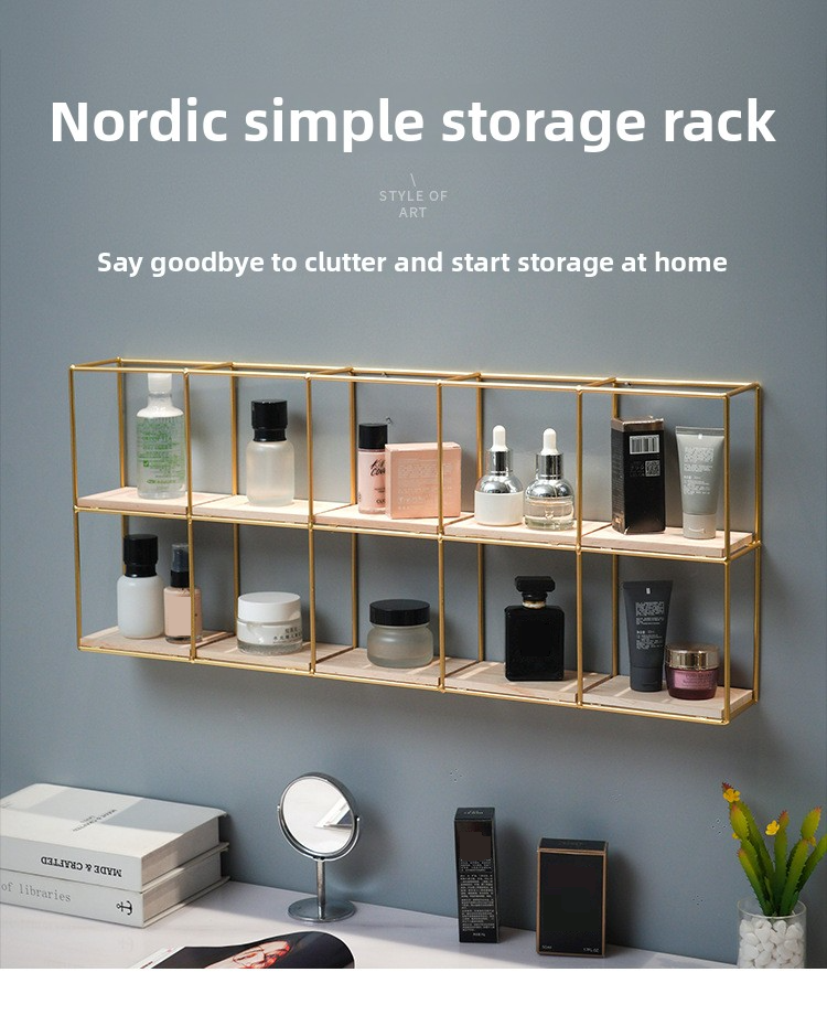 Wall Shelf – Multi-Tier Iron & Wood Display Rack For Cosmetics & Home Organization – Modular Grid Shelving For Living Room & Bedroom_voghion.com