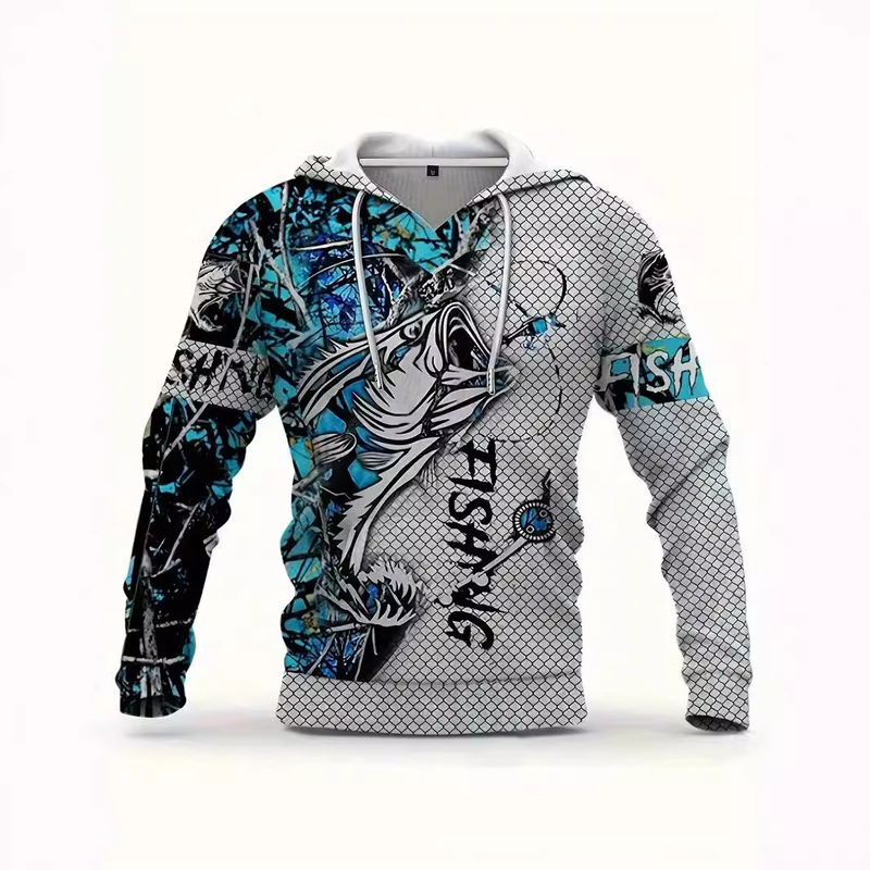 Grafischer Hoodie für Herren – 3D-Digitaldruck mit Fisch- und Garnelen-Design (Übergroße Streetwear, atmungsaktives Polyester, Unisex-Pullover mit Seitentaschen)_voghion.com