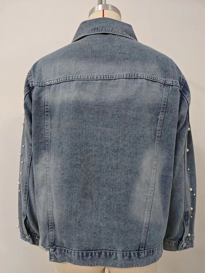 Women's Clothing Spring New Washed Beaded Long Sleeved Casual Denim Jacket Top_voghion.com
