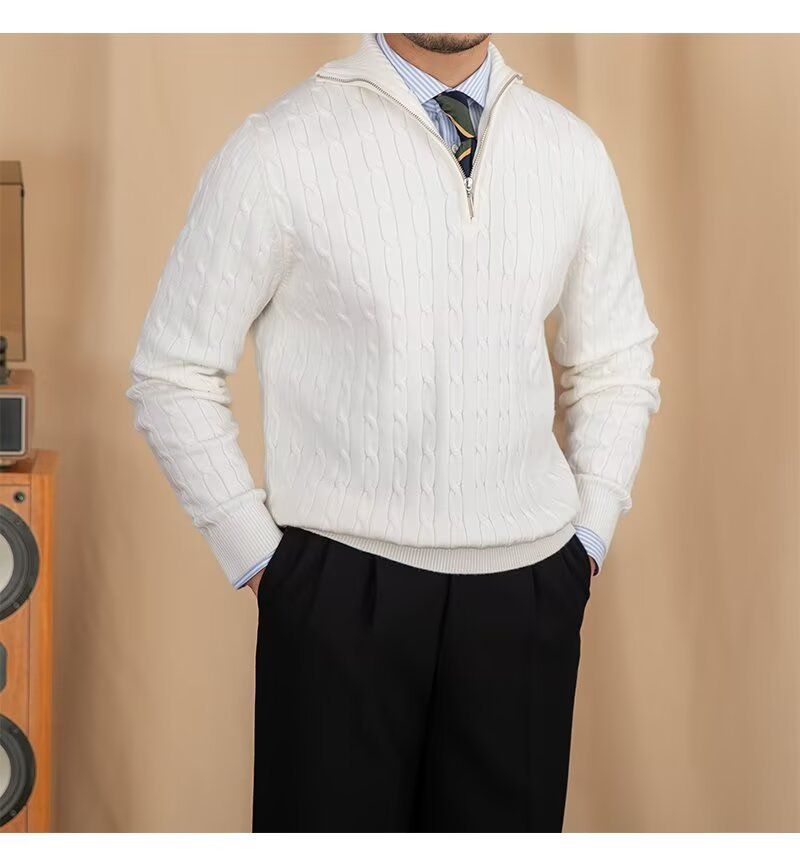 Men's Clothing Cozy Retro Zip-Up Knit Sweater For Men & Women, Soft Pullover With Embroidered Badge, Loose Fit Casual Wear, Black/White, Sizes M-3XL_voghion.com