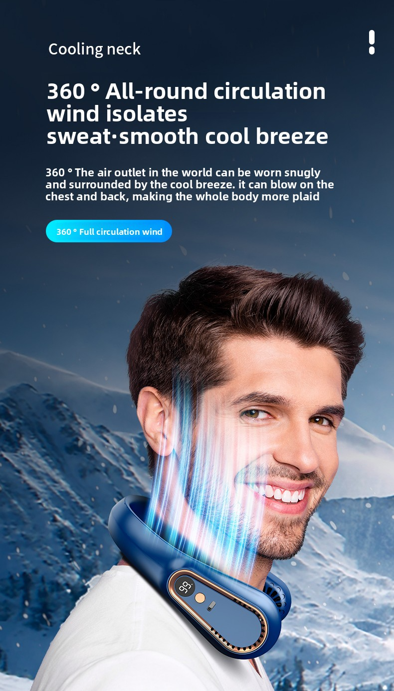 Portable Mini Neckband USB Charging 1200mAh Long Endurance Fan, Digital Display, Turbocharged Cooling Bladeless Fan_voghion.com