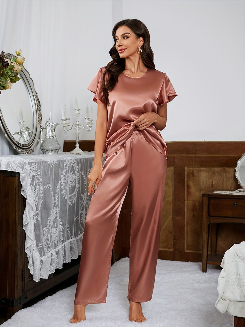 Ice Pyjama für Damen, Kurzarm und lange Hose, einfarbig, lockere Passform, neues Seiden-Homewear-Set, cooles Gefühl_voghion.com