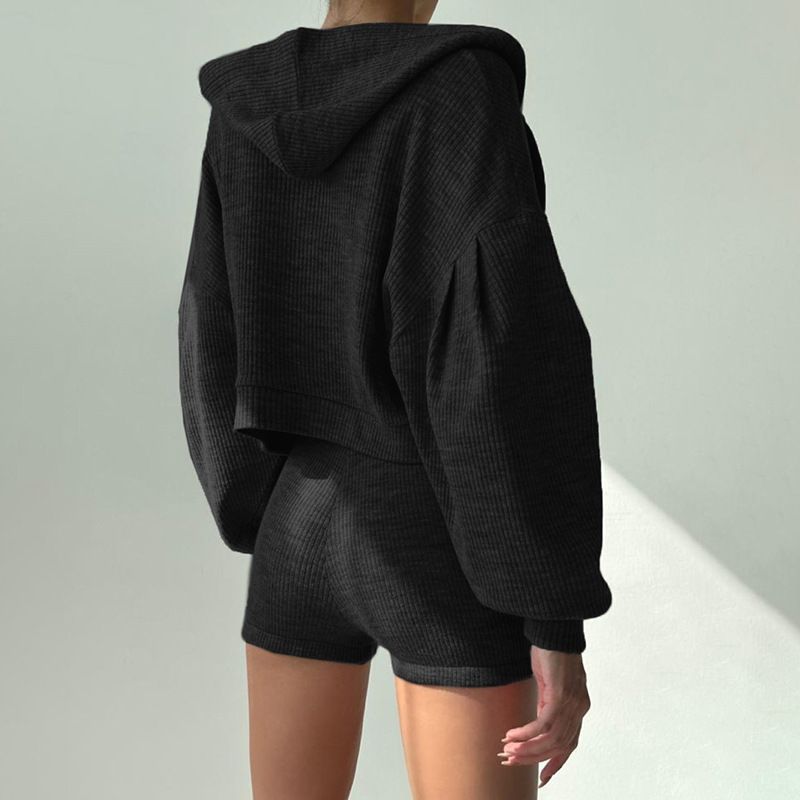 Basic Solid Color Hooded Loose Zipper Jacket Tank Top + Shorts Casual Three-Piece Set_voghion.com