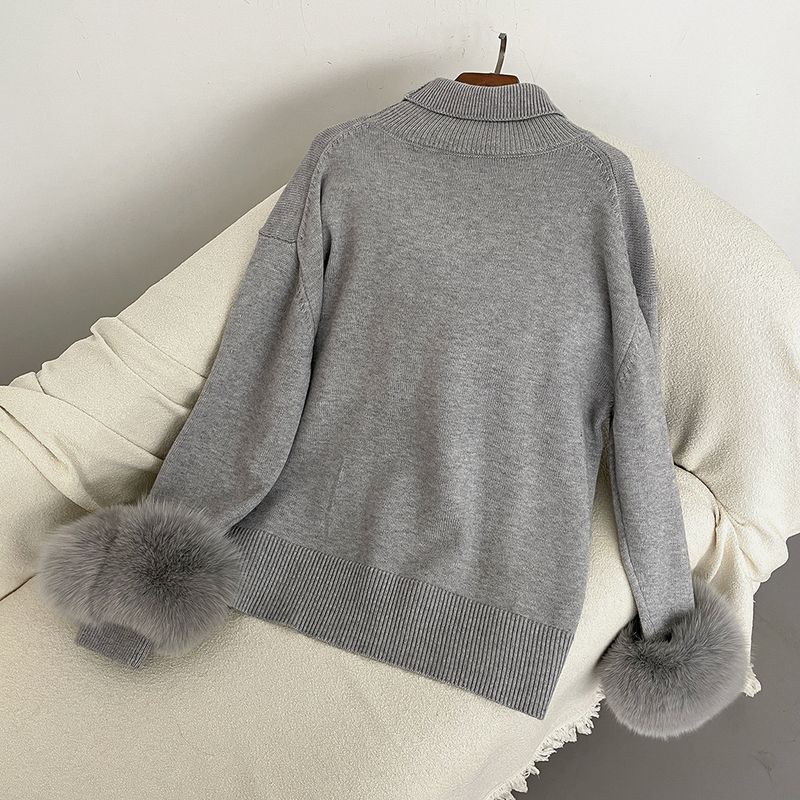 Damenbekleidung Heißer Verkauf Damen Herbst und Winter neuer verdickter hochgeschlossener lockerer Strickpullover mit abnehmbaren Manschetten aus echtem Fuchs_voghion.com