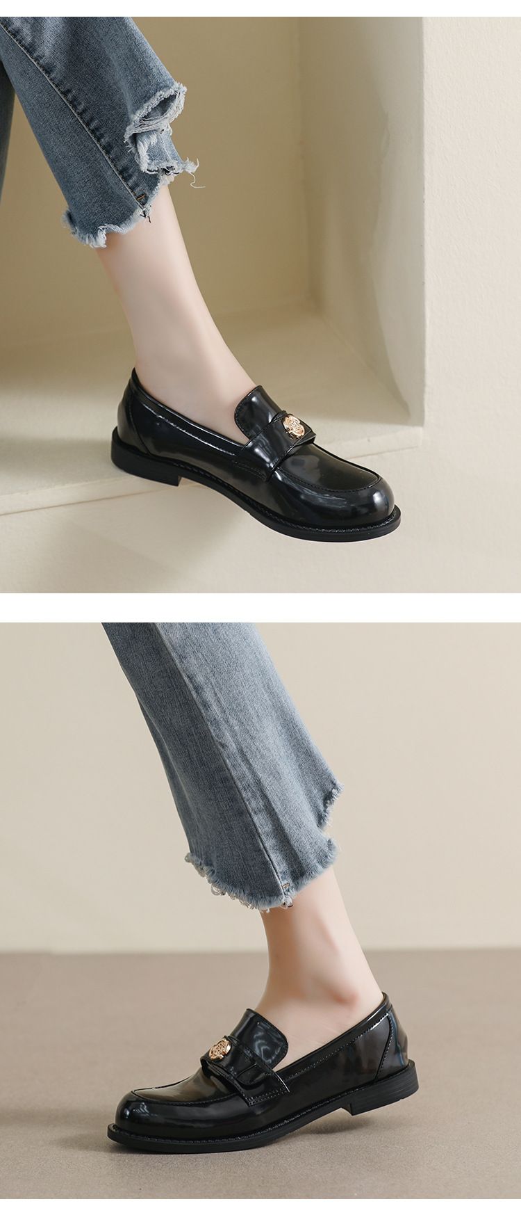 Kleine Loafer mit Goldmünzen für Damen, Retro-Stil, Herbst und Winter, kleine Lederschuhe mit dicken Sohlen, weiche Sohle, dicker Absatz, Einzelschuhe_voghion.com