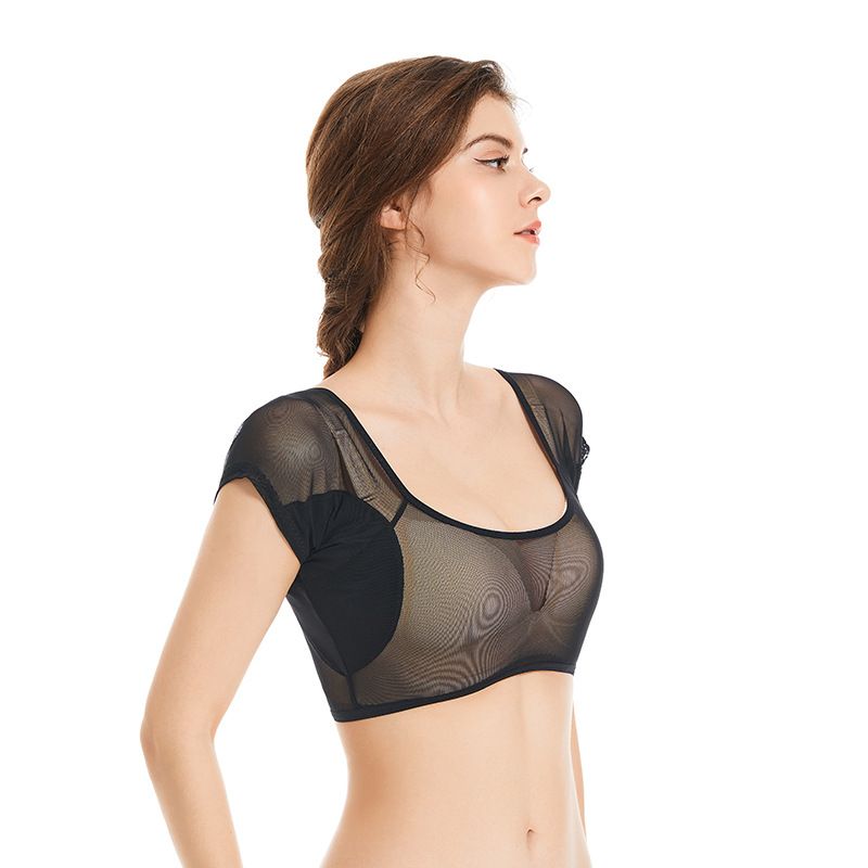 Vêtements absorbant la transpiration : conception fine en maille transparente, couverture de poitrine pour éviter la transpiration, tampons en coton sous les aisselles pour un séchage rapide_voghion.com