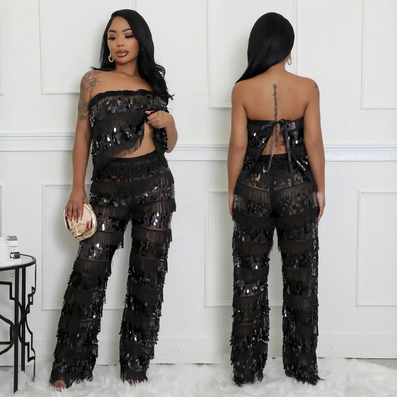 Conjunto de top corto sin tirantes y pantalón ancho: un conjunto sexy y chic de dos piezas para mujer_voghion.com