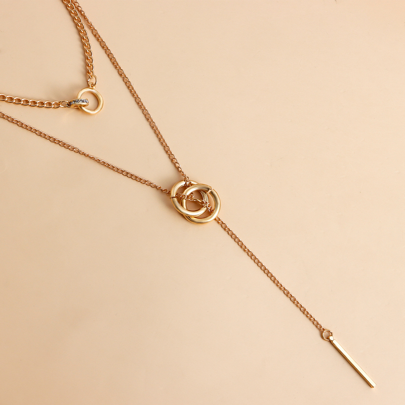 Collier pull Long avec pompon, pendentif Double cercle, longue chaîne, bijoux pour femmes_voghion.com