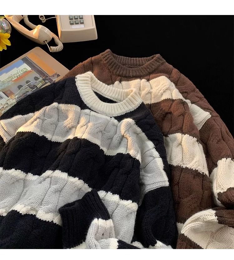 Gestreepte gebreide herentrui – dikke trui met ronde hals van katoenmix (bruin/blauw/zwart, M-XXXL)_voghion.com