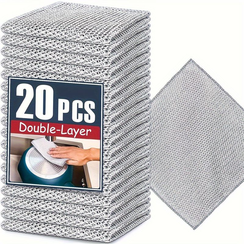 20-5pcs Thickened Steel Wire Cleaning Cloth Non-Scratch Double-layer Iron Microfiber Mesh Dishrag Washing Pot Rags Kitchen Towel_voghion.com