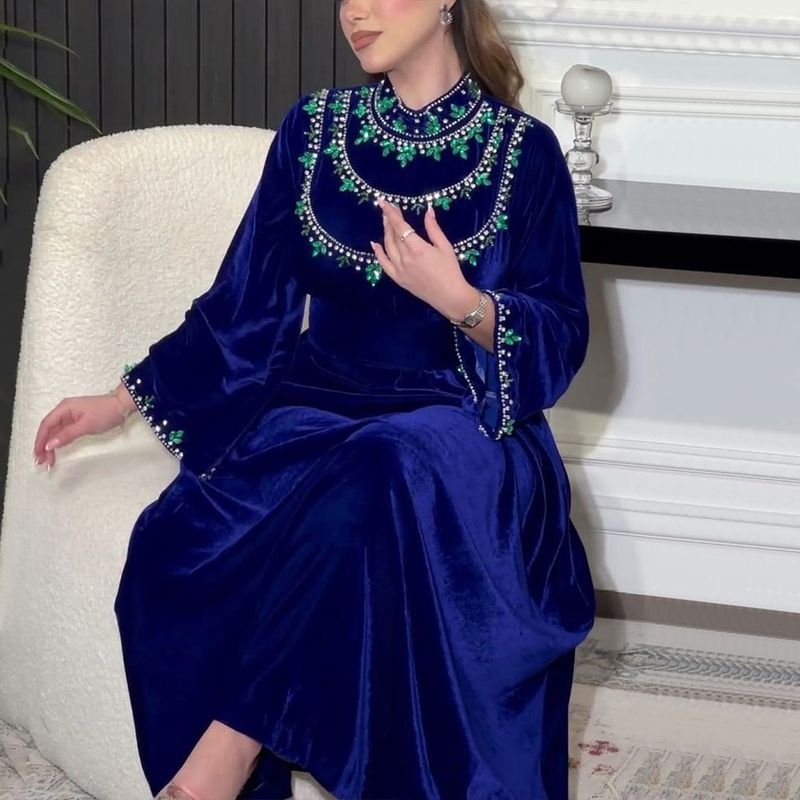 Women's Clothing Abaya Robe Velvet Zipper Green Water Drop Diamond Dress_voghion.com
