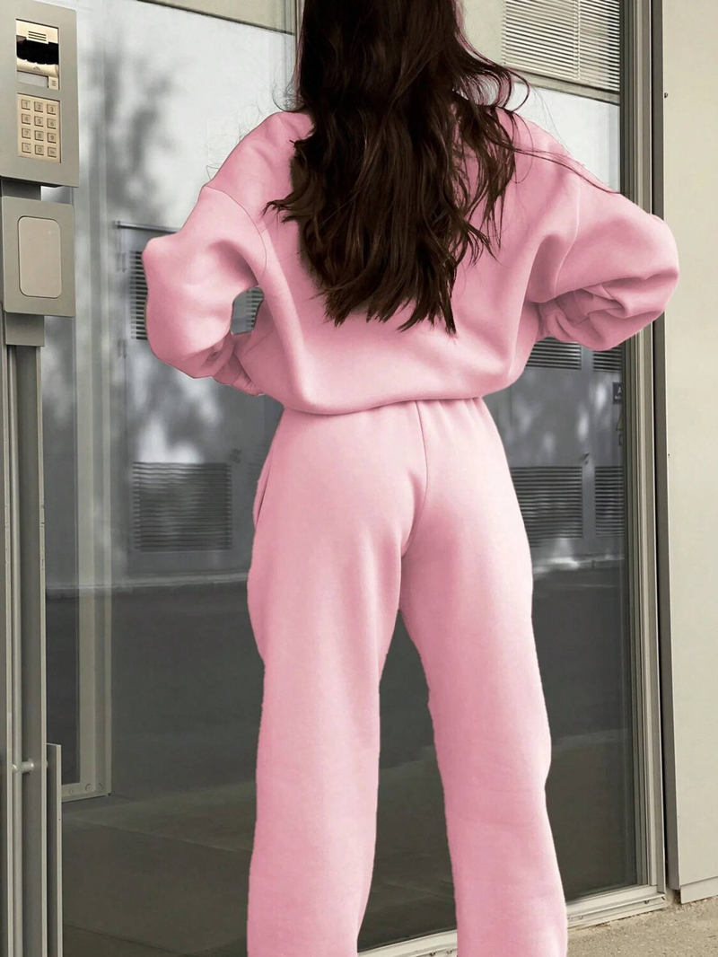 Survêtement d'automne pour femme avec fermeture éclair, ensemble deux pièces décontracté en coton, surdimensionné, blanc, pantalon de sport classique pour femme_voghion.com