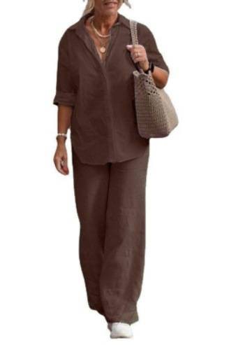 Ensemble deux pièces en coton et lin pour femme, chemise à manches longues et revers, pantalon décontracté uni pour le printemps et l'automne, tailleur à jambes larges_voghion.com