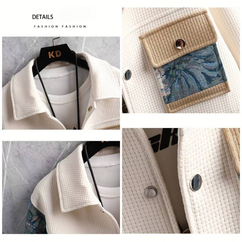 Extra Large Size Fat Loose Waffle Jacket Men's Spring And Autumn Ethnic Style Splicing Lapel Trendy Jacket Top_voghion.com