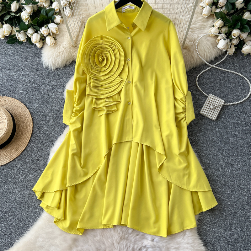 Damenbekleidung 1 Sense Polokragenshirt Damen Herbst Dreidimensionale Blume Lose Unregelmäßige Faltenschwanz-Design Top_voghion.com