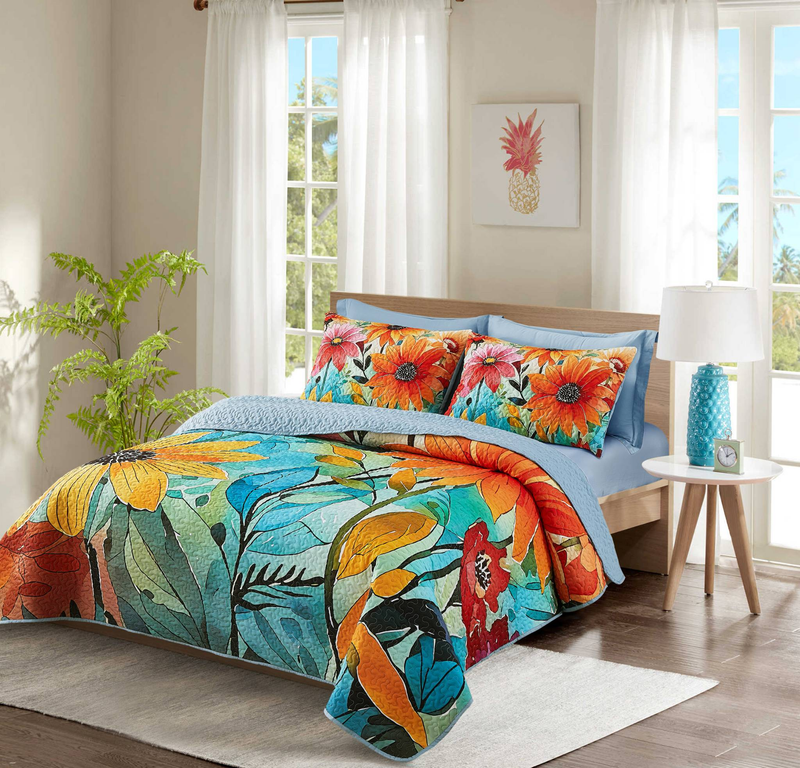 Juego de funda de cama CG41 con estampado de flores y polvo, ideal para dormitorios y salas de estar (1 colcha + 2 fundas de almohada, sin relleno de edredón ni de almohada)_voghion.com