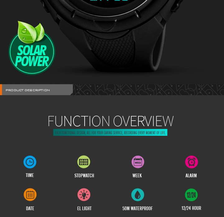 14050 Solarbetriebene Smartwatch mit Zeit, Stoppuhr, Wochenanzeige, Alarm, Datum, EL-Hintergrundbeleuchtung, 50 m Wasserdichtigkeit, 12/24-Stunden-Format_voghion.com