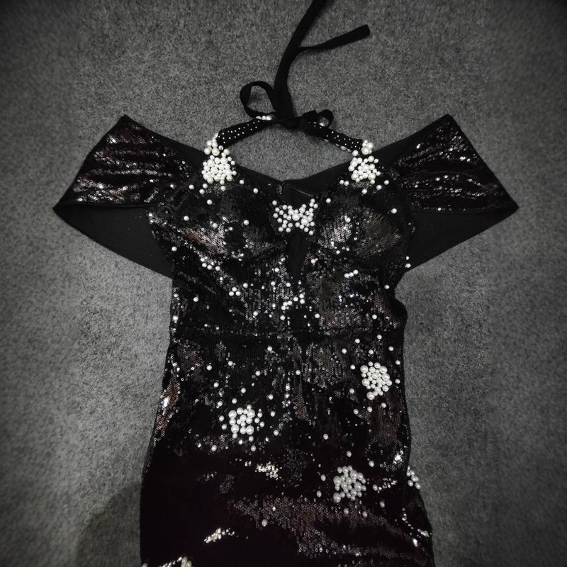 Elegant High-Waist Long Evening Dress With Glittering Sequins, Off-Shoulder Neckline For Parties, Weddings & Formal Occasions_voghion.com