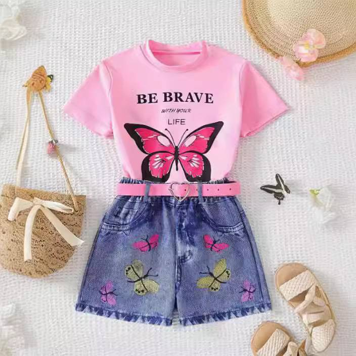 Conjunto de top con estampado de mariposas y pantalón con efecto denim para niña: conjunto suave y elegante de 2 piezas (2-3 años, 4 años, 5 años, 6 años, 7 años)_voghion.com