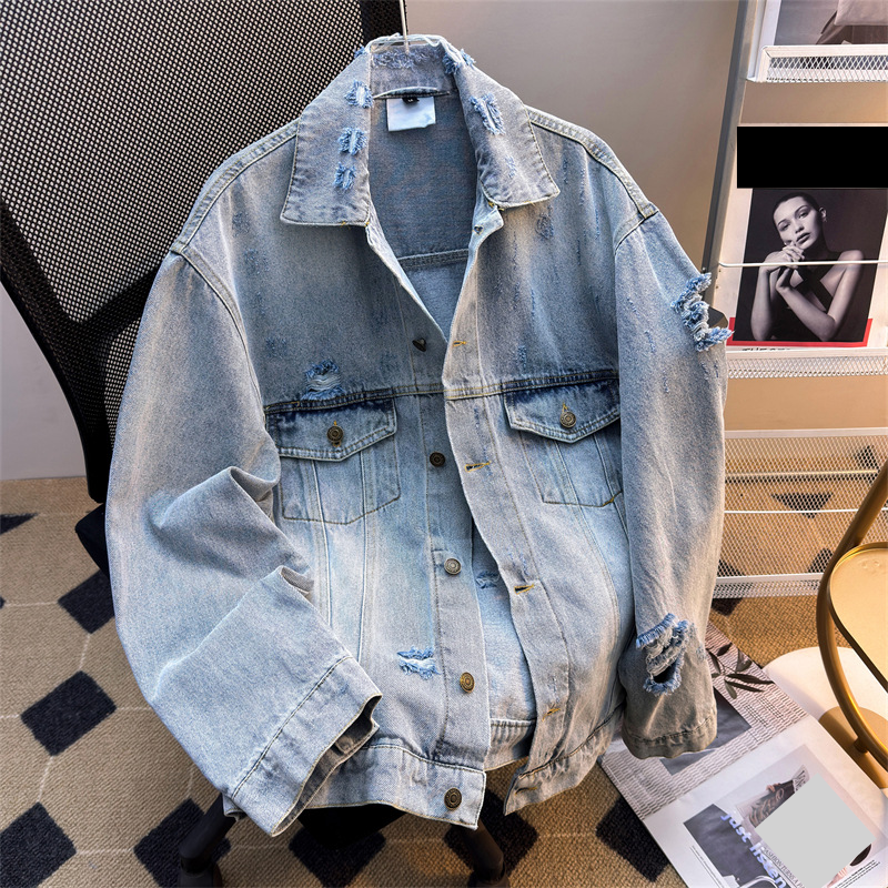 Giacca da uomo in denim effetto consumato con effetto lavato, stile streetwear, vestibilità ampia, colletto rovesciato, tasche multiple, capospalla casual_voghion.com