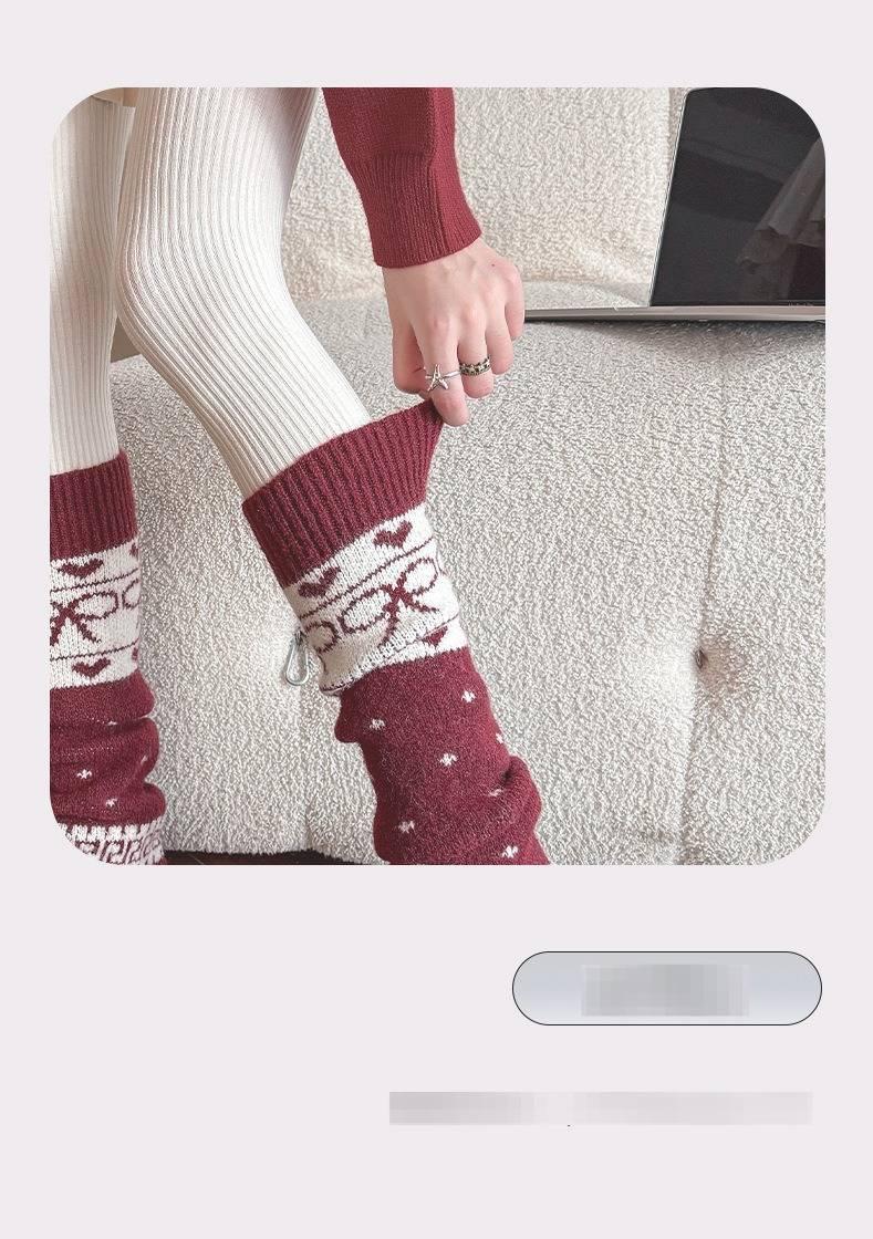 Wollsocken für Damen, Herbst und Winter, warm, verdickt, mit Liebesschleife, Wadenärmel, Maillard-Stil, gestrickte Florsocken_voghion.com