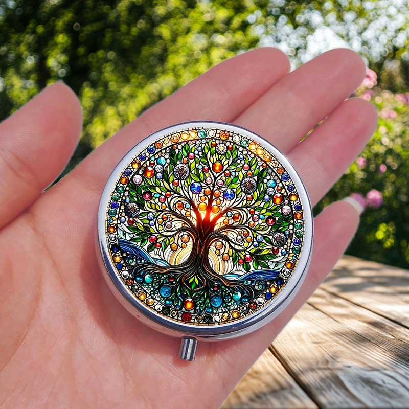 1pc "Money Tree" Mini Round Pill Box With 3 Compartments, Portable Metal Storage Organizer For Travel, Pockets & Purses - Unique Party Gift_voghion.com
