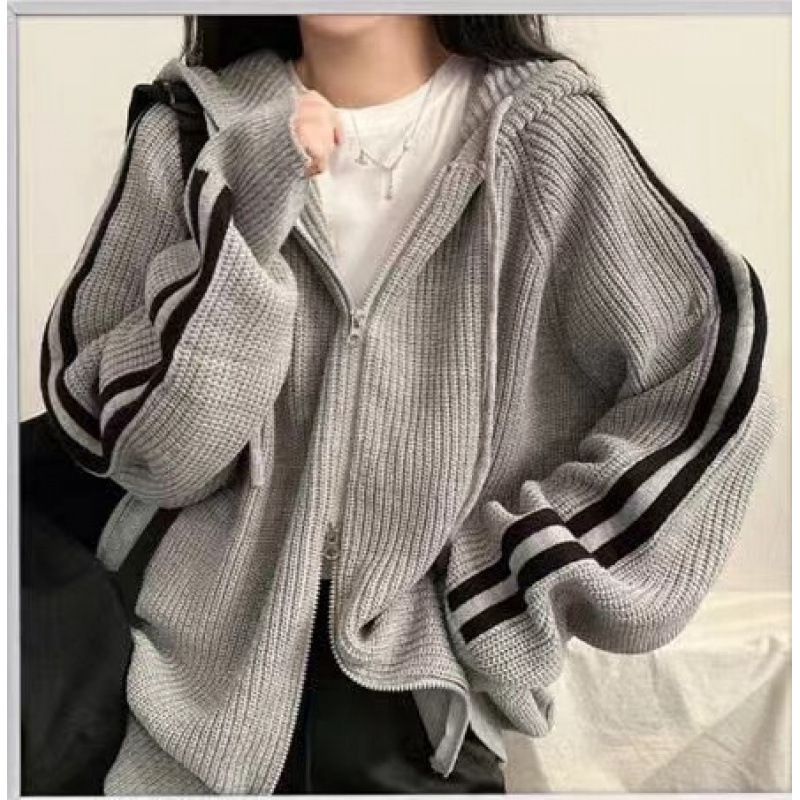 Damenbekleidung Koreanisch inspirierte gestreifte Pulloverjacke – Übergroße Strickjacke mit Kapuze (Einheitsgröße)_voghion.com