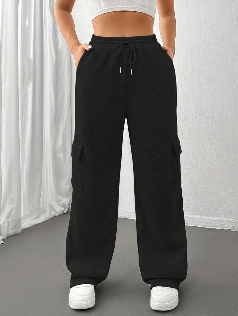 Pantalones cargo para mujer, estilo jogger, cintura alta, cordón ajustable, pierna ancha, informales, con múltiples bolsillos, estilo urbano, negro/beige/gris claro._voghion.com