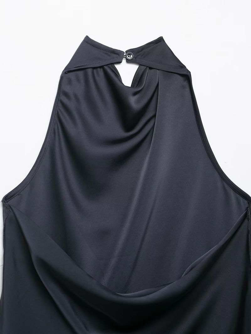 Completo due pezzi da donna in raso con scollo all'americana - Tuta streetwear alla moda con design asimmetrico - Comodo outfit estivo (bianco/nero/blu ardesia)_voghion.com