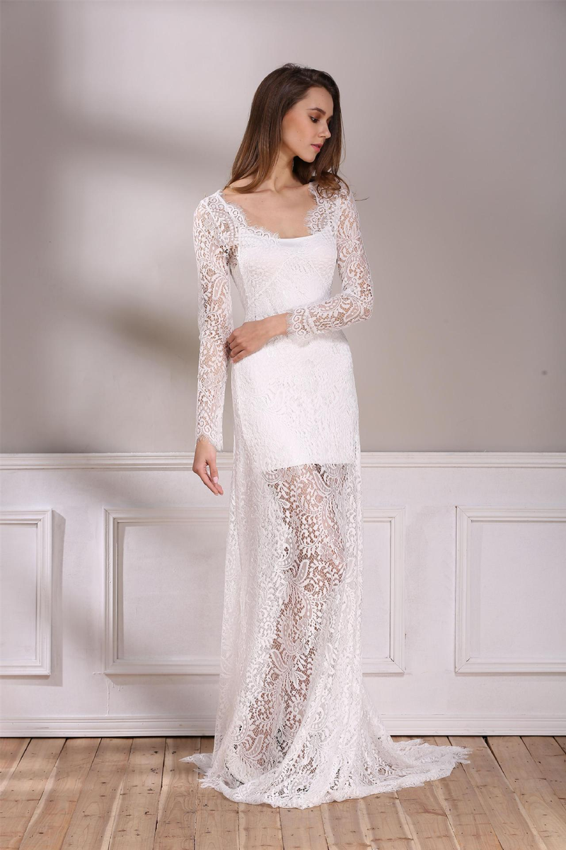 Abito da sera elegante in pizzo con scollo a V e maniche lunghe da donna, con scollatura profonda sulla schiena, lungo fino a terra, romantico e chic per una serata fuori_voghion.com